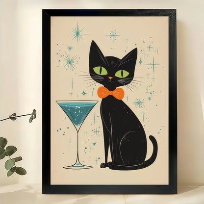 Mid-Century Black Cat with Martini – Retro Starry Background Wall Art on Natural Wood Canvas | W717