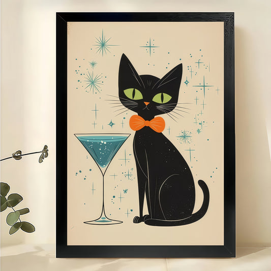 Mid-Century Black Cat with Martini – Retro Starry Background Wall Art on Natural Wood Canvas | W717
