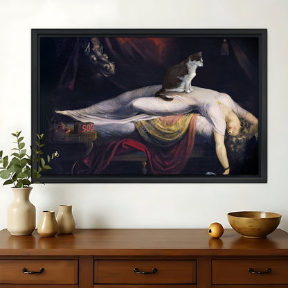 Black Cat on Classic Painting – Artistic Parody Wall Art on Natural Wood Canvas | W838