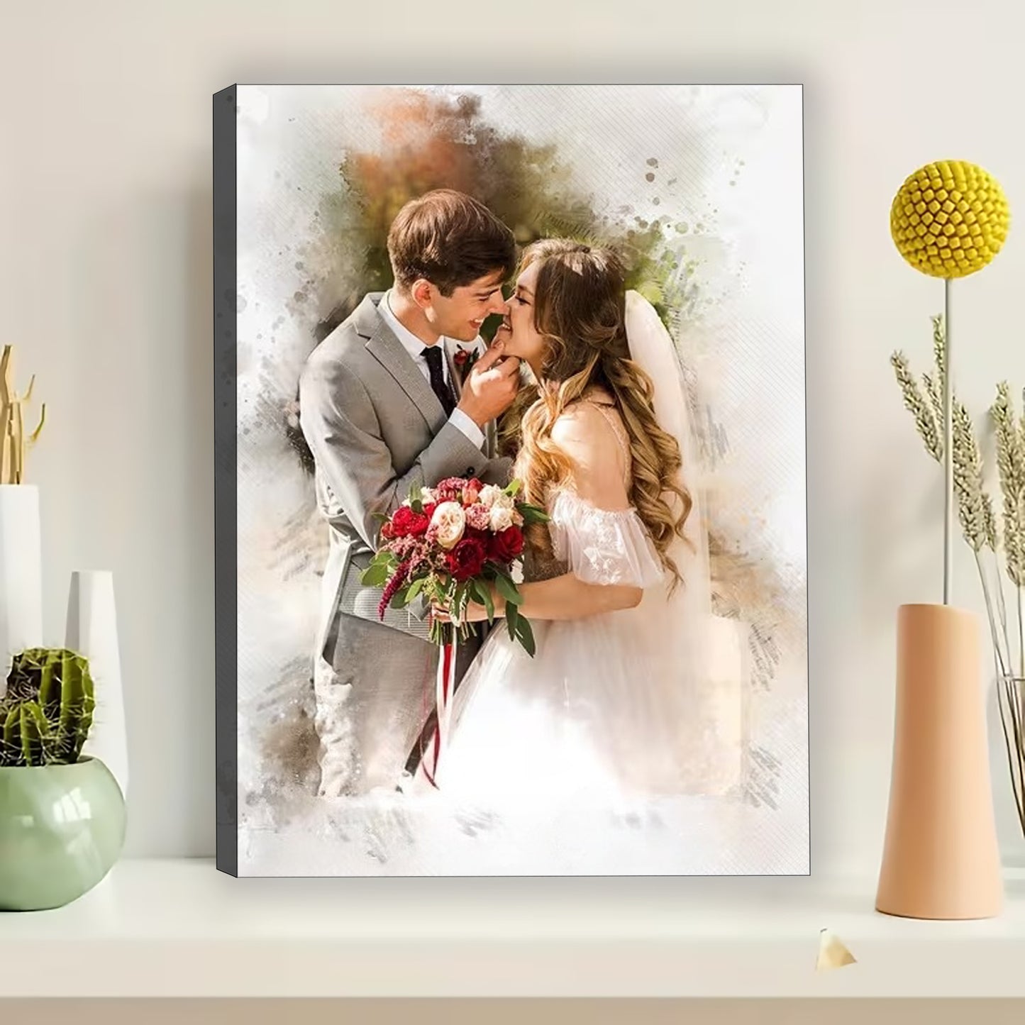 Personalized Wedding Watercolor Portrait Canvas | Custom Photo Illustration Art