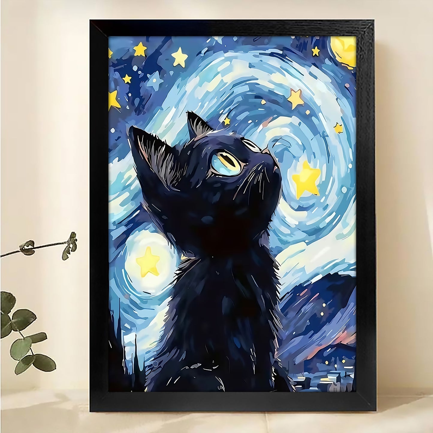 The Starry Night Dreaming Cat – Artistic Feline Wall Art on Natural Wood Grain Canvas | W504