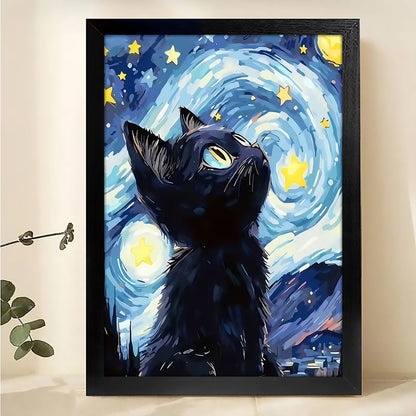 The Starry Night Dreaming Cat – Artistic Feline Wall Art on Natural Wood Grain Canvas | W504