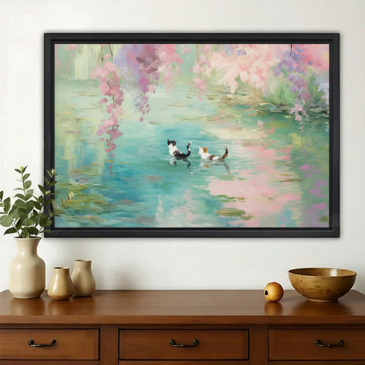 Monet-Inspired Water Lily Cats Wall Art – Dreamy Floral Cat Canvas Print on Natural Wood Frame | W2233