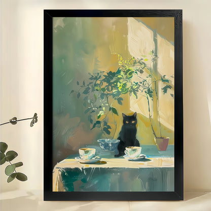 Tabletop Black Cat – Impressionist Still Life Cat Wall Art on Natural Wood Canvas | W2015