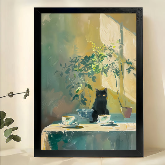 Tabletop Black Cat – Impressionist Still Life Cat Wall Art on Natural Wood Canvas | W2015