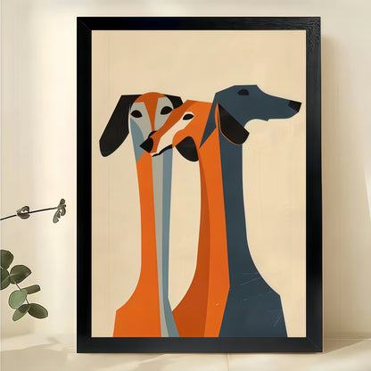 The Geometric Dachshund Trio – Modern Abstract Wall Art on Natural Wood Canvas | W632