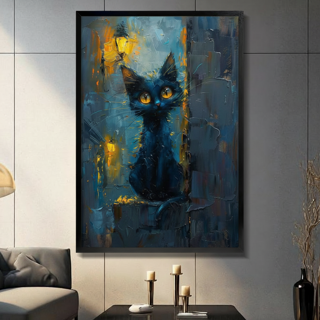 Impressionist Black Cat Night Canvas Art w6606