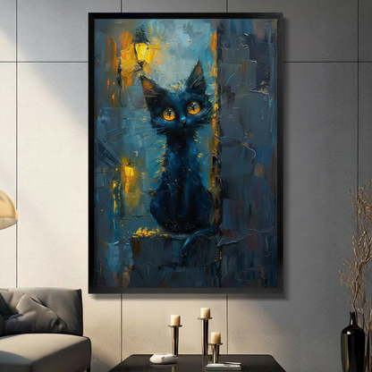 Impressionist Black Cat Night Canvas Art w6606