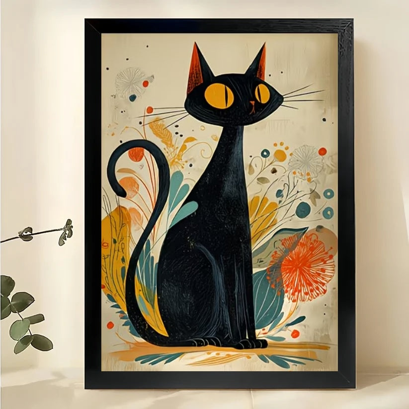 Mid-Century Modern Black Cat – Abstract Floral Cat Wall Art on Natural Wood Canvas | W2066