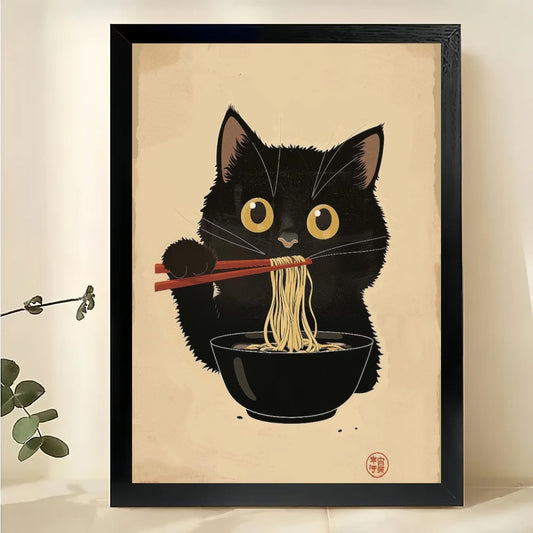Black Cat Eating Ramen – Whimsical Japanese Ukiyo-e Style Wall Art on Natural Wood Canvas | W842