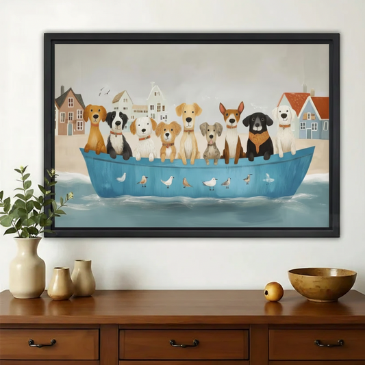 Whimsical Dog Noah’s Ark – Playful Nautical Pet Wall Art on Natural Wood Canvas | W812