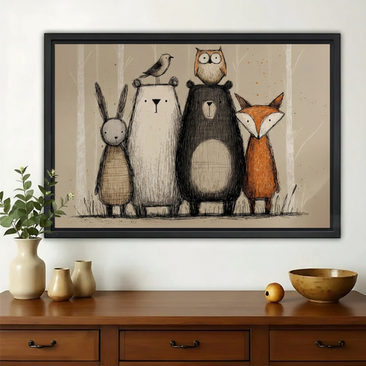 Woodland Animal Friends Wall Art – Whimsical Forest Creatures Canvas Print on Natural Wood Frame | W2402