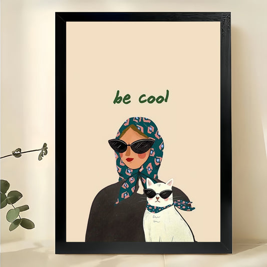 Be Cool Woman with Cool Cat – Modern Retro Fashion Wall Art on Natural Wood Canvas | W977