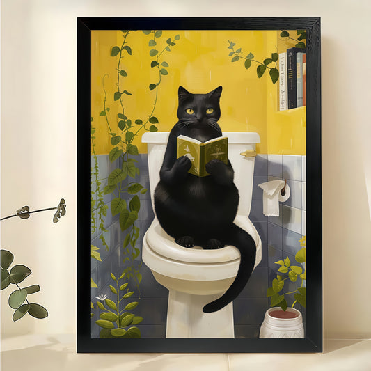 Black Cat Reading on Toilet Wall Art – Funny Bathroom Cat Canvas Print on Natural Wood Frame | W2259