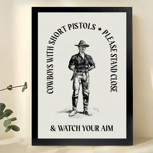 Watch Your Aim  Retro Cowboy Humorous Wall Art  Western Themed Bathroom & Man Cave Decor | W828