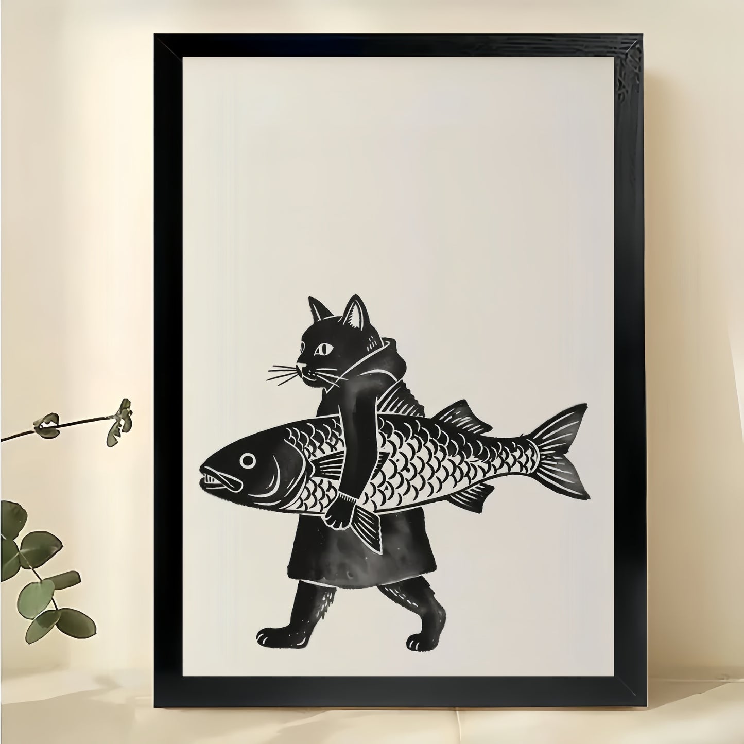 Black Cat Carrying Big Fish – Whimsical Vintage Wall Art on Natural Wood Canvas | W907