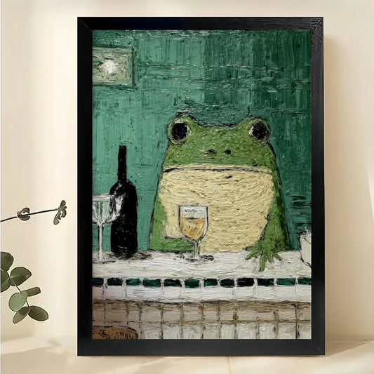 Vintage Frog at Bar Wall Art – Whimsical Frog with Wine Canvas Print on Natural Wood Frame | W2087