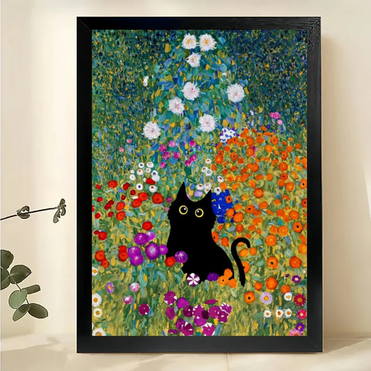 Black Cat in Flower Field – Klimt-Inspired Vintage Wall Art on Natural Wood Canvas | W874