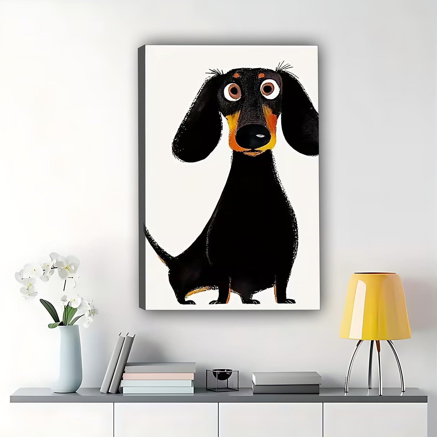 The Playful Cartoon Dachshund – Quirky Black Dog Wall Art on Natural Wood Grain Canvas | W499