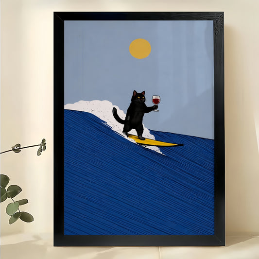 Surfing Black Cat on Ocean Wave – Playful Beach-Themed Wall Art on Natural Wood Canvas | W806