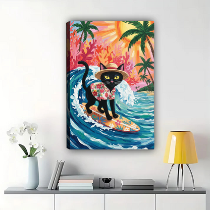 Surfing Cat Art - Tropical Beach Paradise Wall Decor|W1109