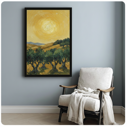 Golden landscape impressionist canvas print in bright Scandinavian-style living room