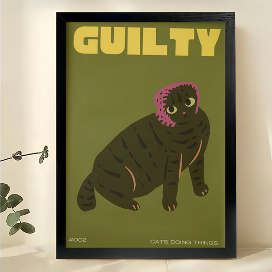 Guilty Cat – Funny Retro Pet Illustration Wall Art on Natural Wood Canvas | W993