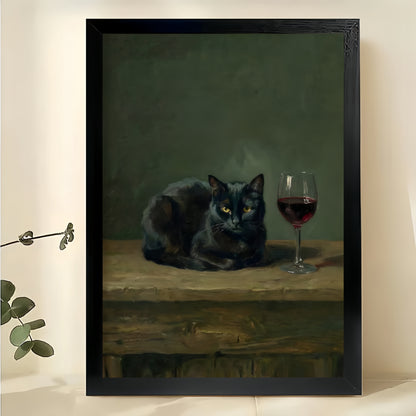 Vintage Style Black Cat with Wine Glass – Classic Oil Painting Wall Art on Natural Wood Canvas | W747