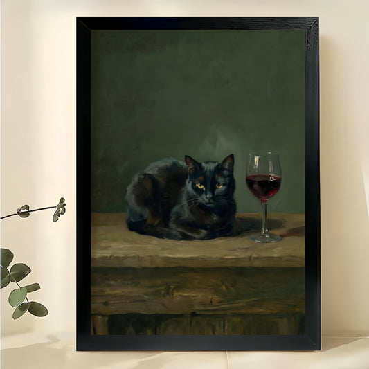 Vintage Style Black Cat with Wine Glass – Classic Oil Painting Wall Art on Natural Wood Canvas | W747