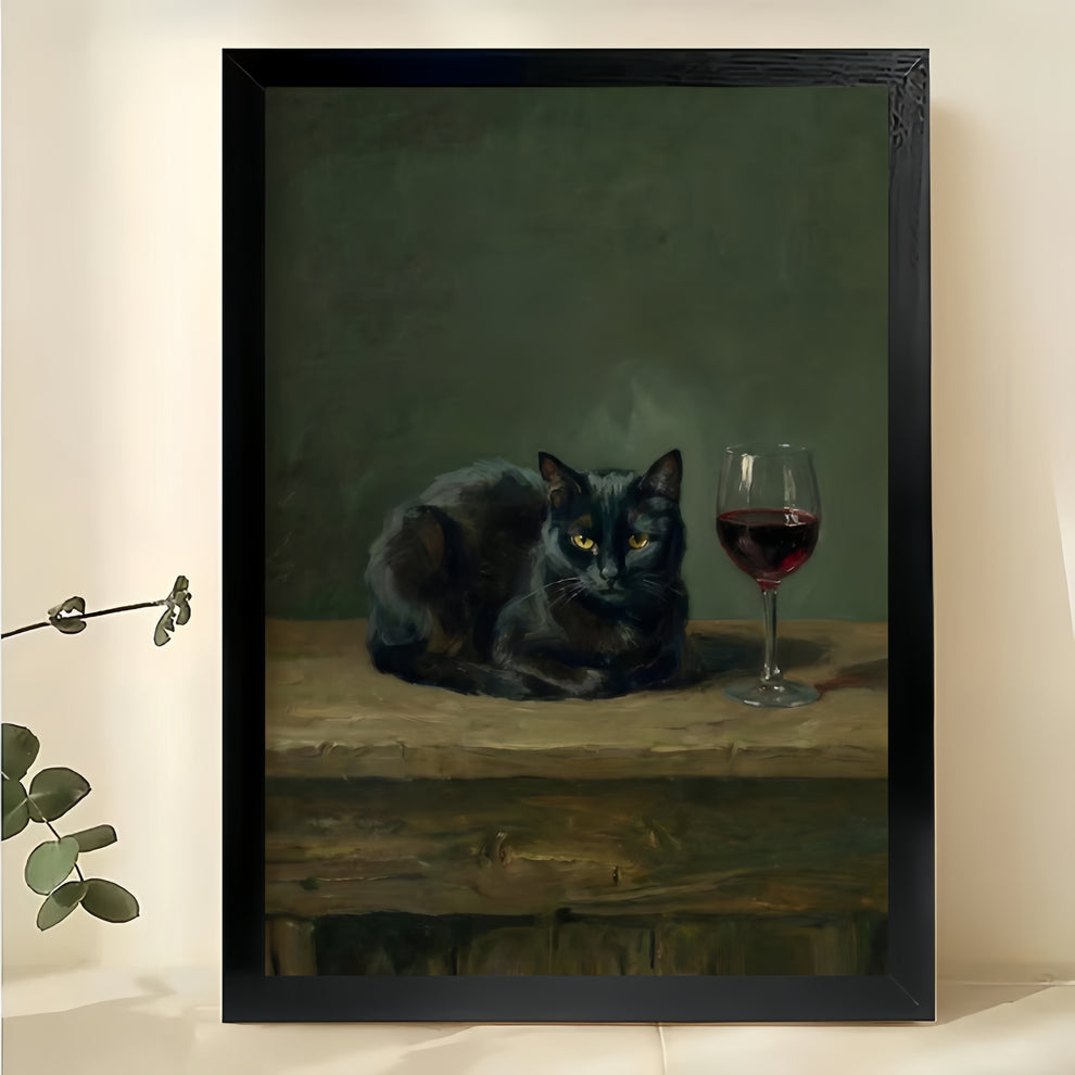 Vintage Style Black Cat with Wine Glass – Classic Oil Painting Wall Ar ...