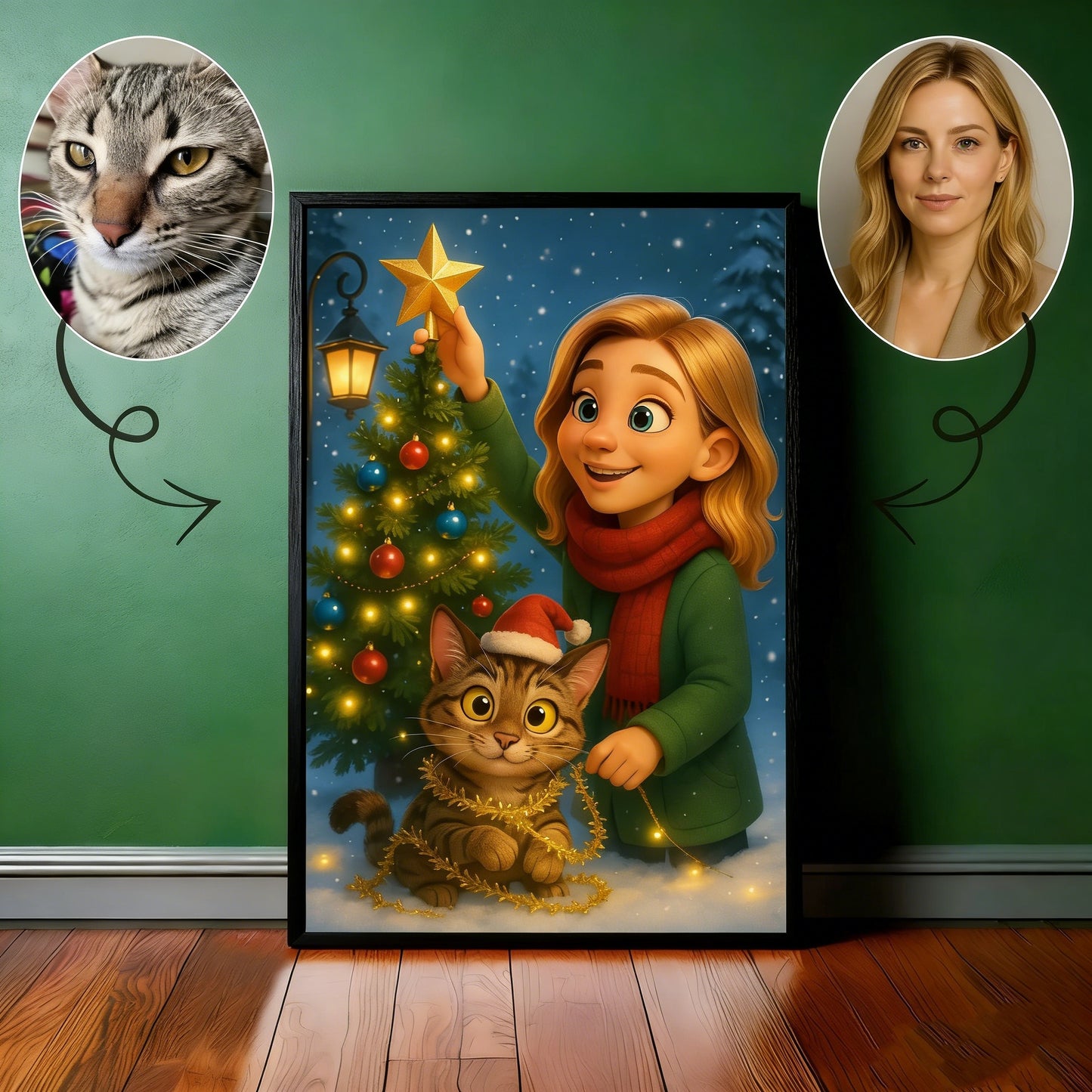 Custom Christmas Pet Portrait,Personalized Gift, Funny Santa Cat & Owner Illustration Wall Art,Holiday Home Decor