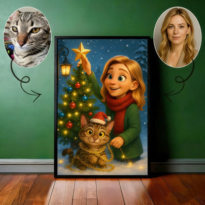 Custom Christmas Pet Portrait,Personalized Gift, Funny Santa Cat & Owner Illustration Wall Art,Holiday Home Decor
