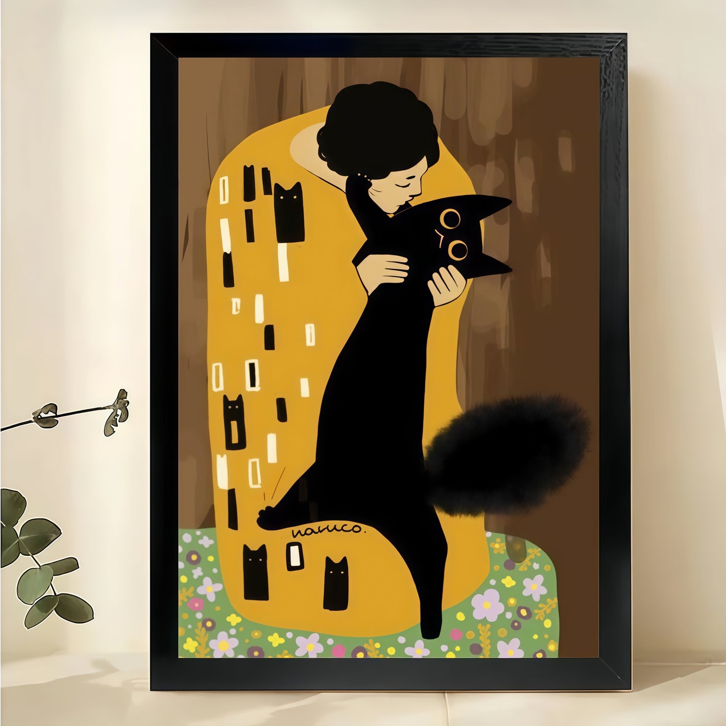 Gustav Klimt Cat – Art Nouveau Black Cat Wall Art on Natural Wood Canvas | W2048