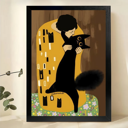 Gustav Klimt Cat – Art Nouveau Black Cat Wall Art on Natural Wood Canvas | W2048