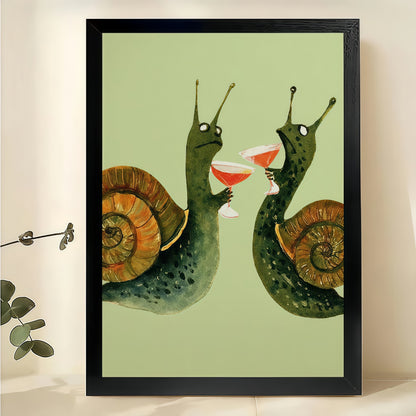 Snails Toasting with Wine Wall Art – Cute Whimsical Snail Couple Canvas Print on Natural Wood Frame | W2427