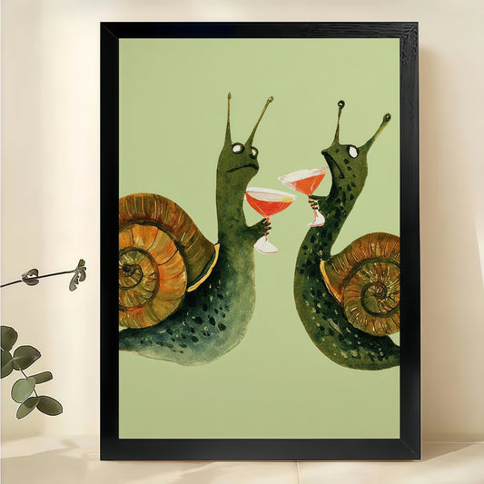 Snails Toasting with Wine Wall Art – Cute Whimsical Snail Couple Canvas Print on Natural Wood Frame | W2427