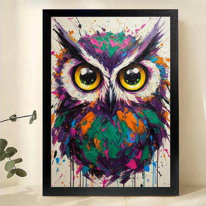 The Abstract Colorful Owl – Pop Art Modern Wall Art on Natural Wood Canvas | W651