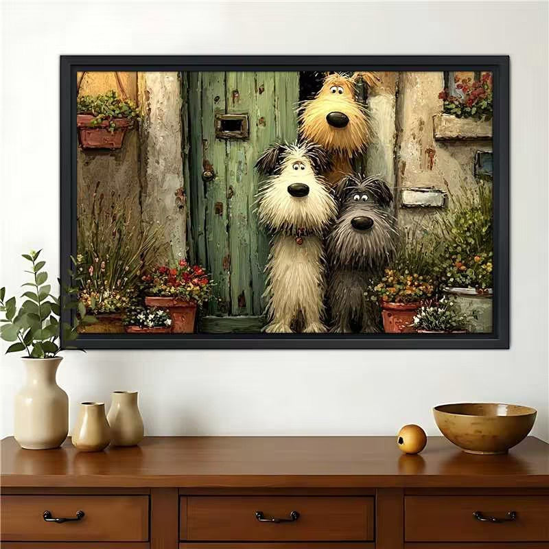 Three Dogs at Cottage Door – Whimsical Vintage Town Illustration Wall Art on Natural Wood Canvas | W2002