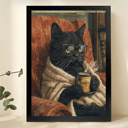 “I Drink Coffee and I Know Things” Retro Black Cat – Humorous Poster Wall Art on Natural Wood Canvas | W782