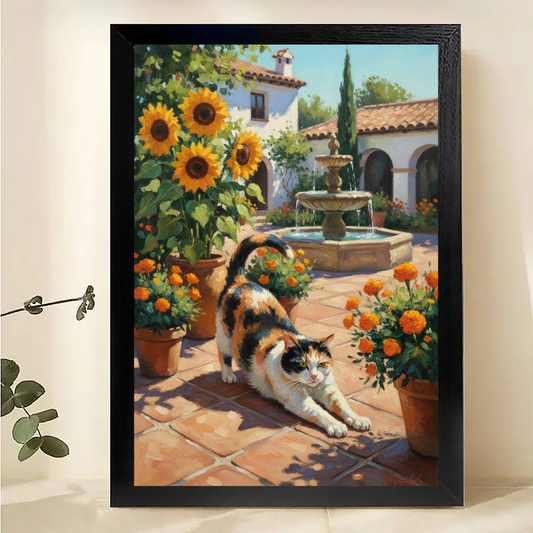 Cat in Mediterranean Courtyard Wall Art - Tuscan Garden Print| W1049