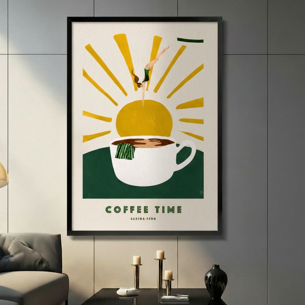 Coffee Time retro diver canvas wall art – bold mid-century modern illustration for kitchen or living room