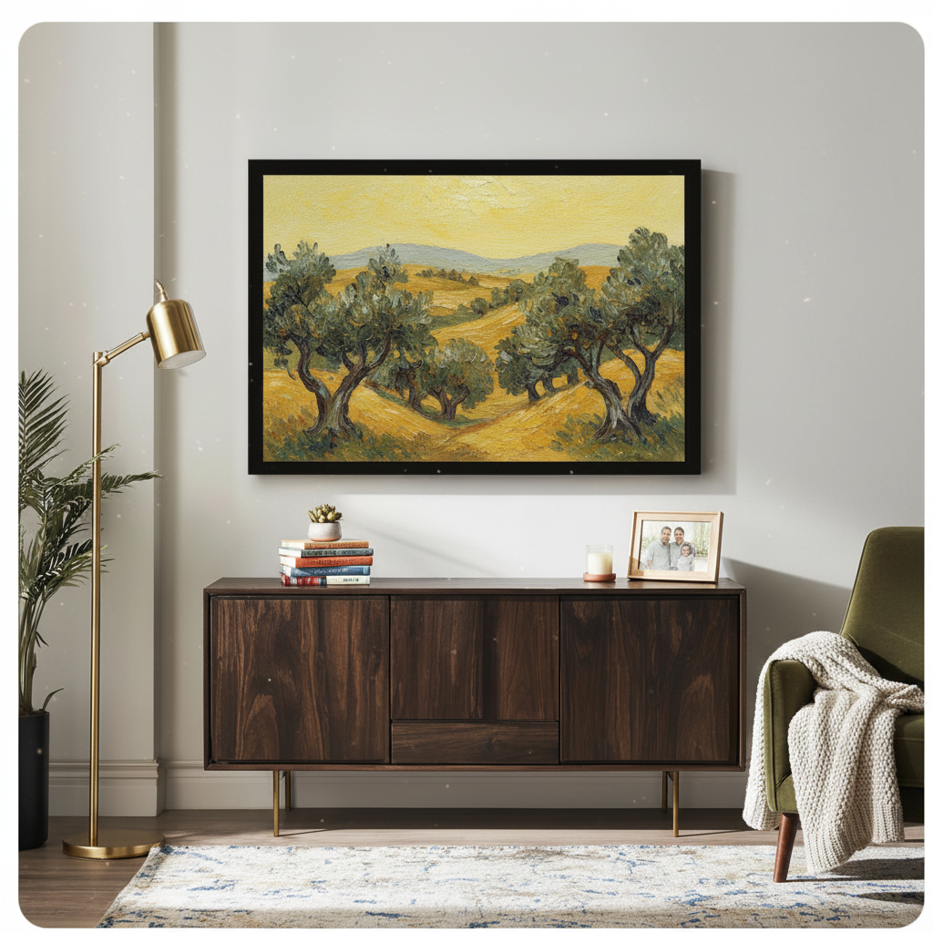 Vintage landscape canvas art in home office – European countryside wall decor