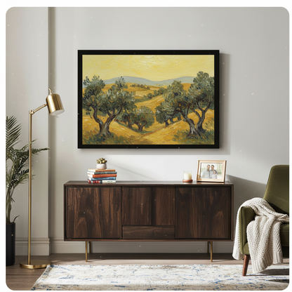 Vintage landscape canvas art in home office – European countryside wall decor