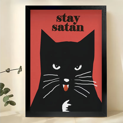 Stay Satan Sassy Black Cat – Retro Humorous Wall Art on Natural Wood Canvas | W955