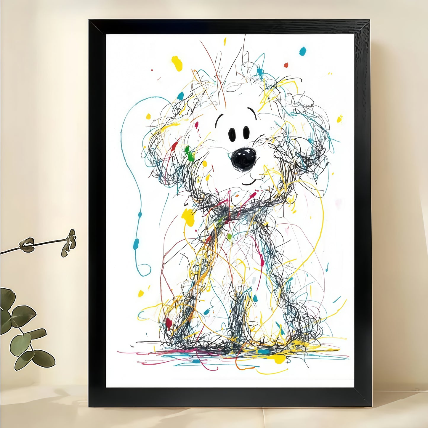 Colorful Scribble Style Curious White Dog – Playful Abstract Wall Art on Natural Wood Canvas | W768