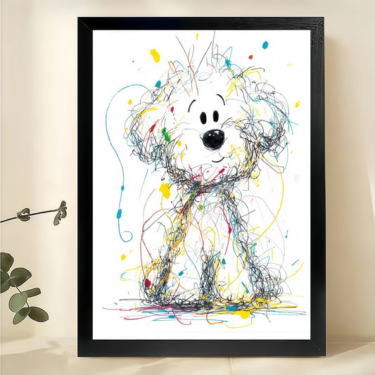 Colorful Scribble Style Curious White Dog – Playful Abstract Wall Art on Natural Wood Canvas | W768