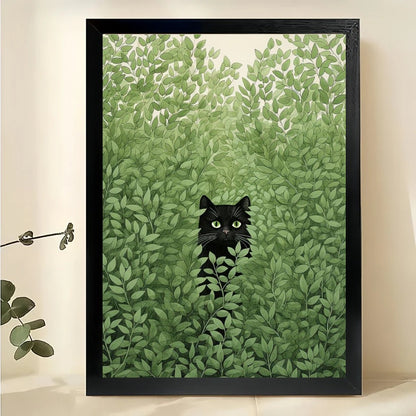Black Cat Peeking Through Green Foliage – Minimalist Nature Wall Art on Natural Wood Canvas | W772