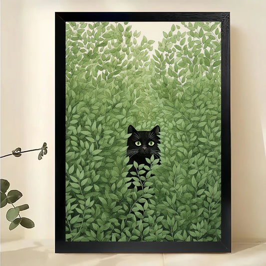 Black Cat Peeking Through Green Foliage – Minimalist Nature Wall Art on Natural Wood Canvas | W772