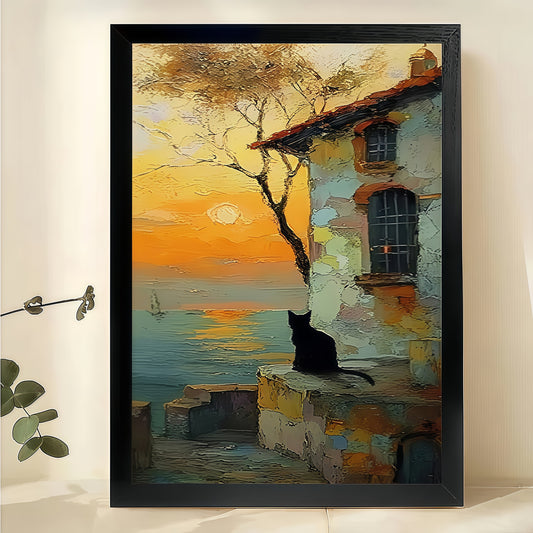 Black Cat on Coastal Town Sunset – Vintage Whimsical Wall Art on Natural Wood Canvas | W961