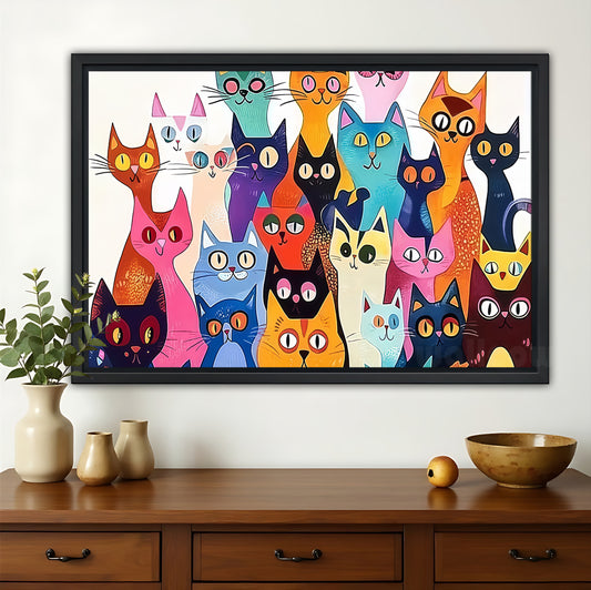 The Vibrant Stacked Cat Crew – Playful Pop Art Wall Art on Natural Wood Canvas | W644
